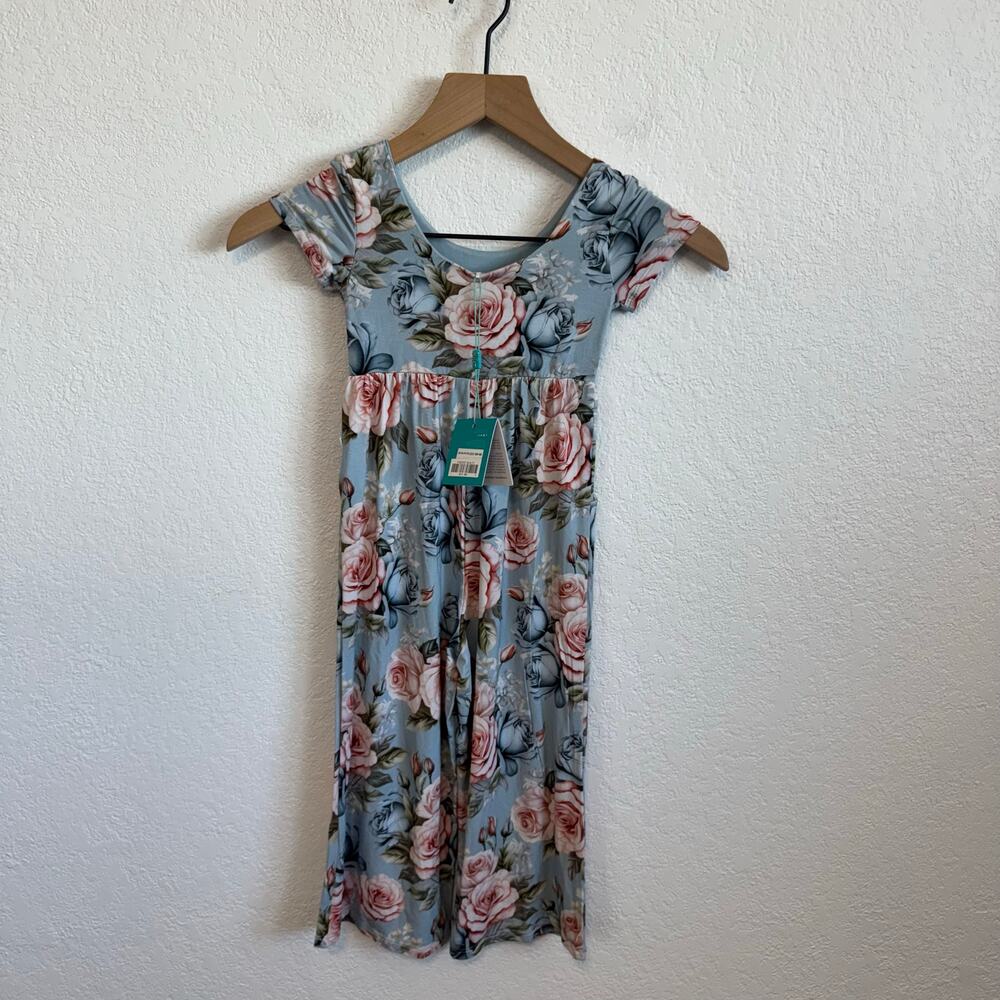 NEW NWT Posh Peanut Floral Scoop Neck Short Sleeve Wide Leg Jumpsuit Blue 3T-4T - Picture 5 of 9